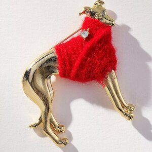 Anthropologie Playful Pet Brooch. Red, Gold. Dog.